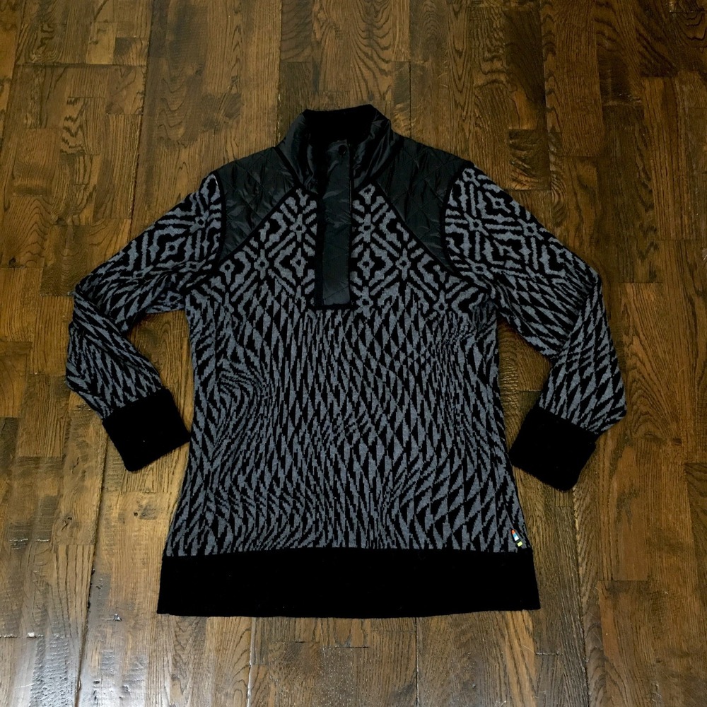 Smartwool Women’s M Black Ski Ninja 1/4 Zip Quilted Mock Neck Geometric Sweater